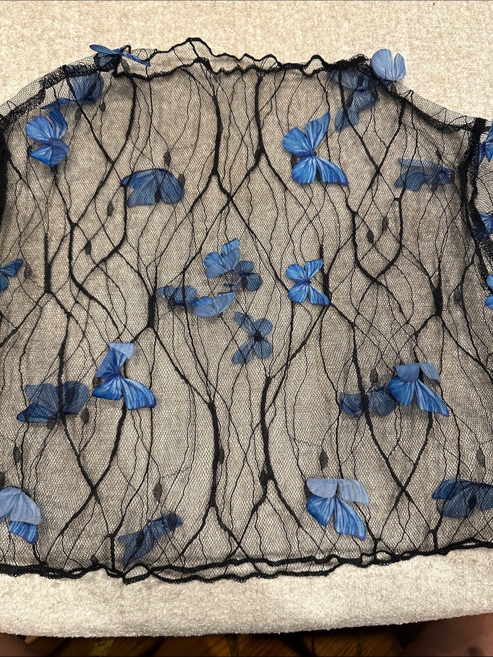 Sheer Black Mesh Top with Blue Butterfly Appliqués